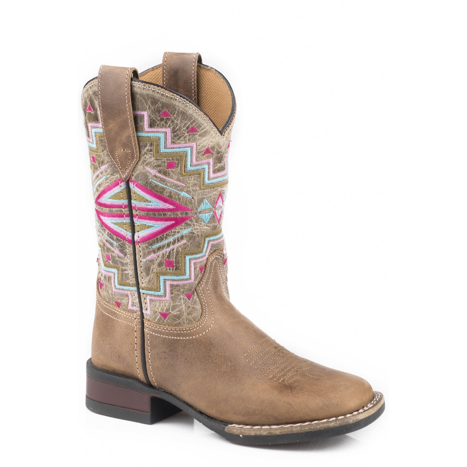 Roper Girls Multi Aztec Embroidery/Oiled Leather Western Boots