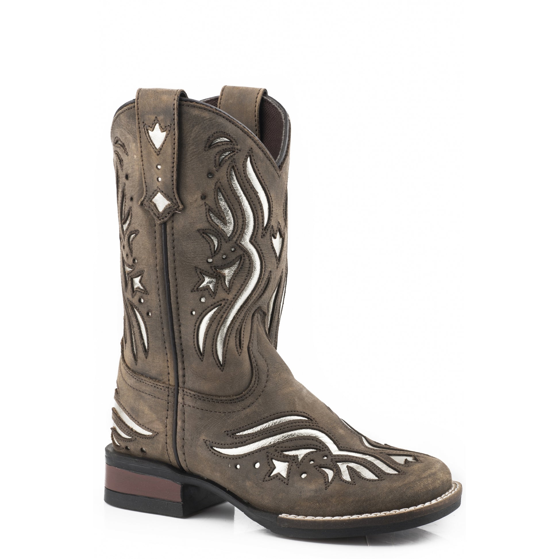 Roper Kids Brown Oiled Leather/Silver Metallic Boots
