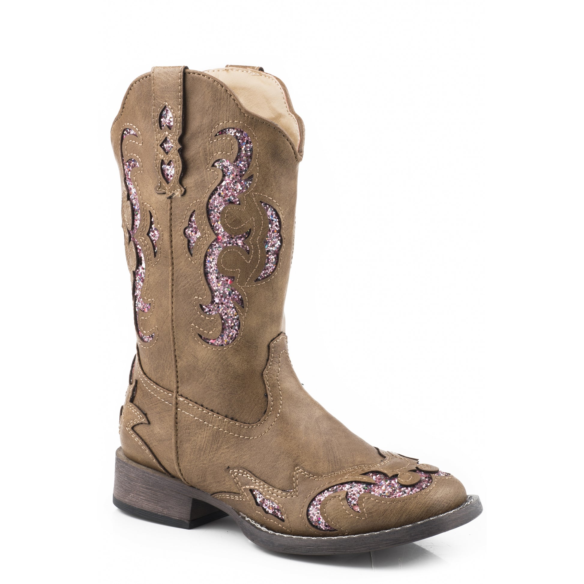 Roper Kids Tan with Pink Glitter Underlay Western Boots