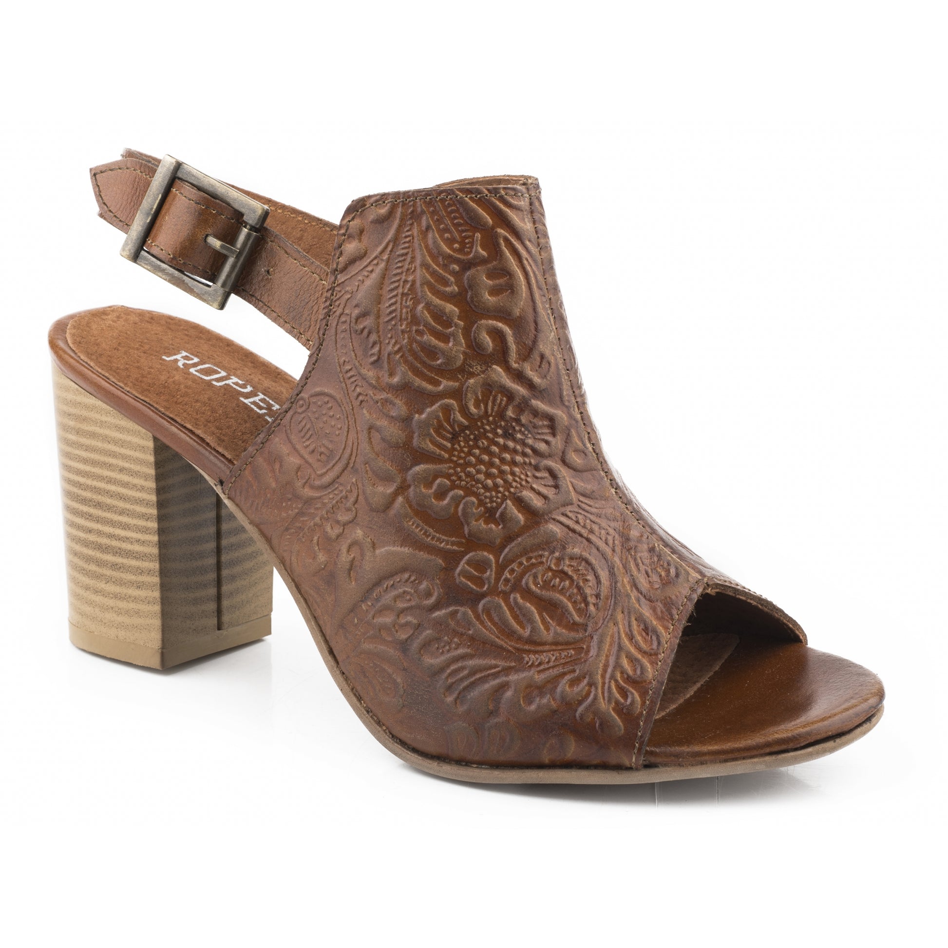 Roper Ladies Floral Embossed Leather Open Toe Mules