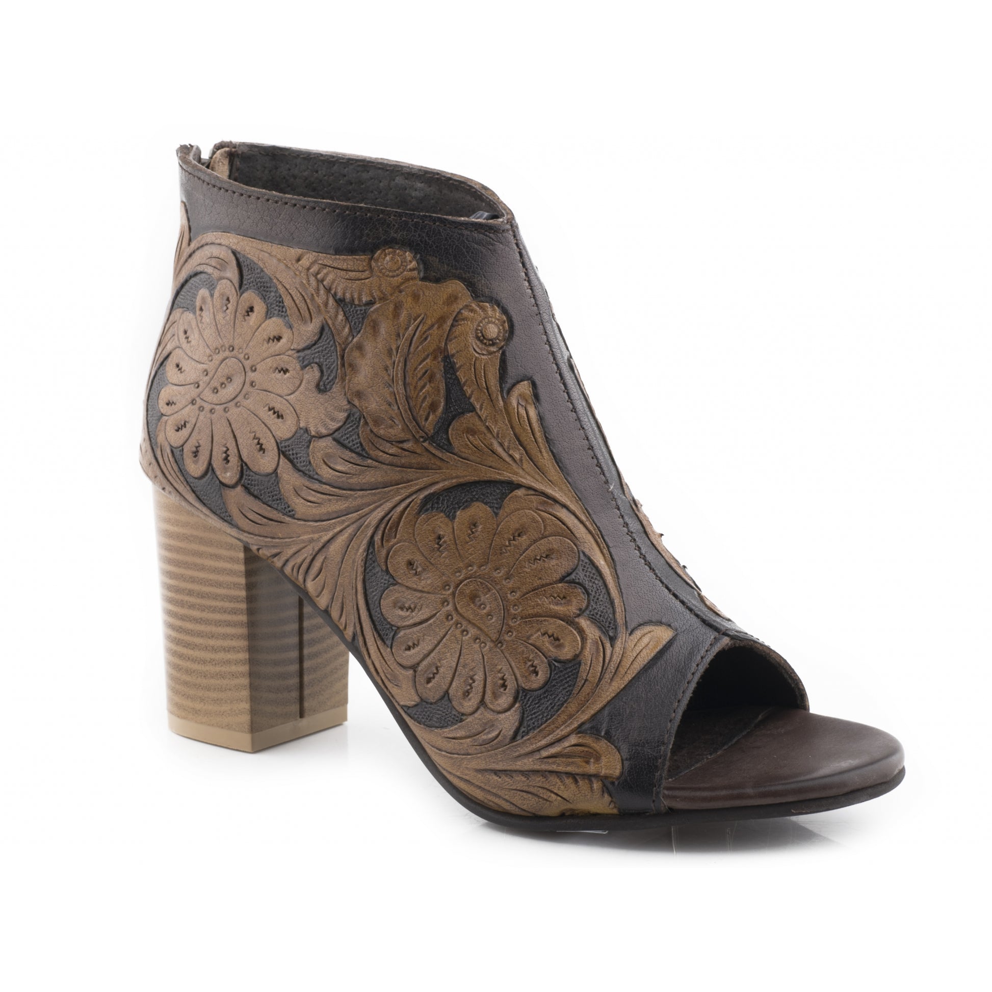 Roper Ladies Tooled Leather Back Zip Open Toe Sandals