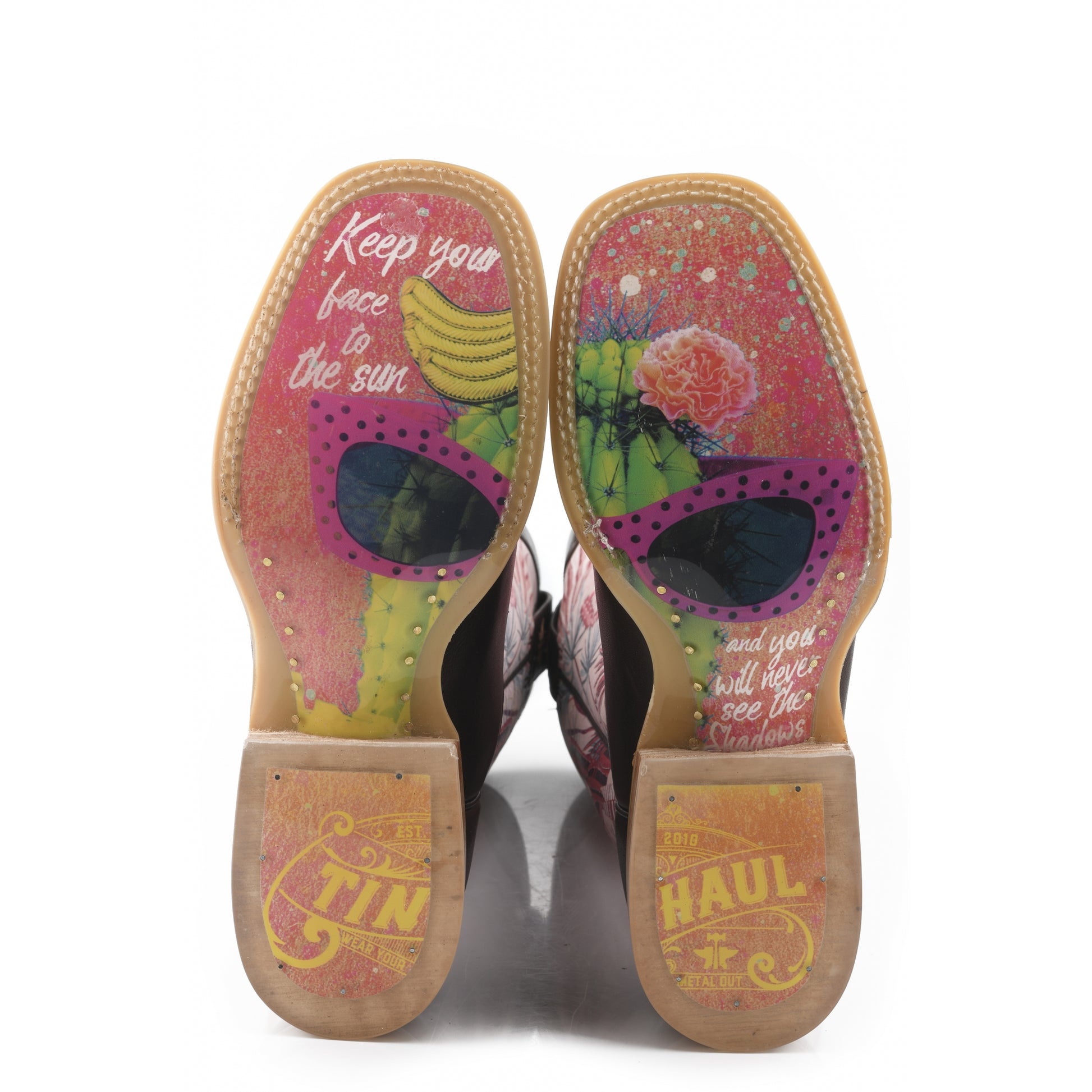 Tin Haul Ladies Square Toe Boots - Pinktalicious with Cactus Shades Sole