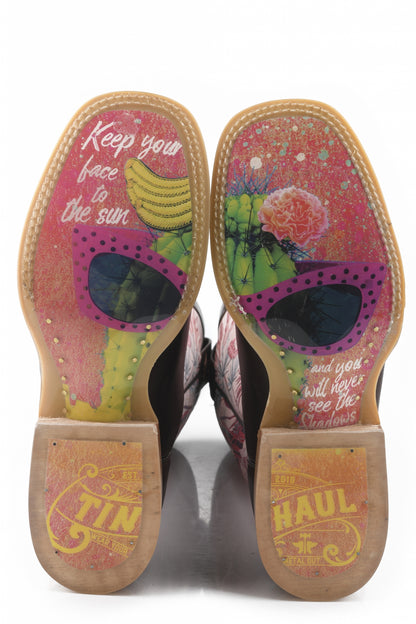 Tin Haul Ladies Square Toe Boots - Pinktalicious with Cactus Shades Sole