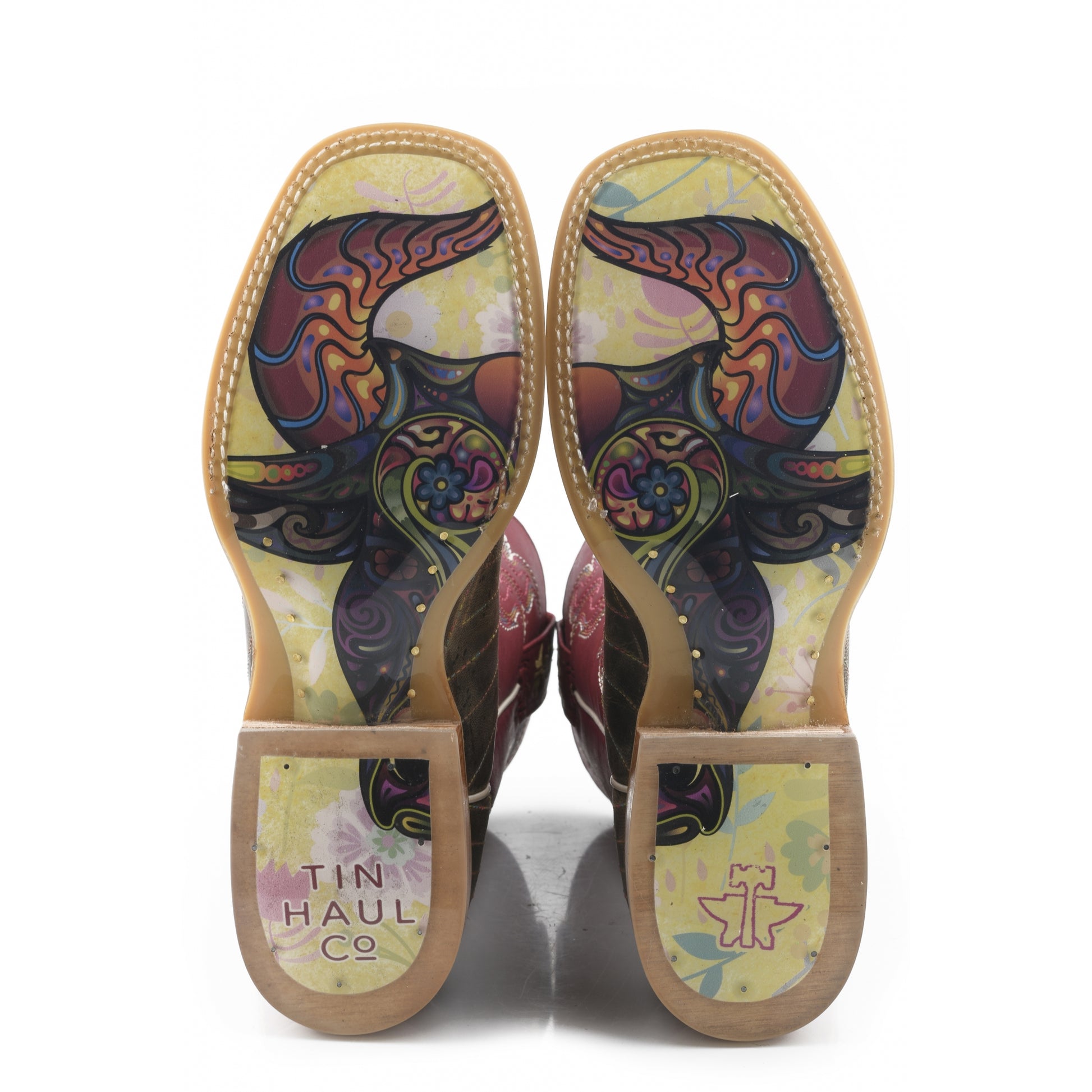 Tin Haul Ladies Square Toe Boots - Super Nova Star with Bull Doodles Sole