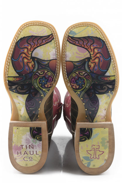 Tin Haul Ladies Square Toe Boots - Super Nova Star with Bull Doodles Sole