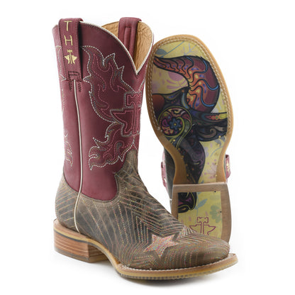 Tin Haul Ladies Square Toe Boots - Super Nova Star with Bull Doodles Sole