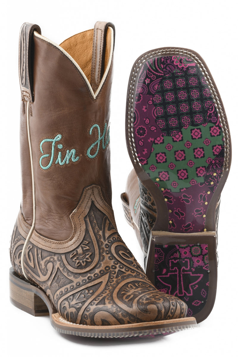 Tin Haul Ladies Square Toe Boots - Paisley Queen with Bandana Patchwork Sole