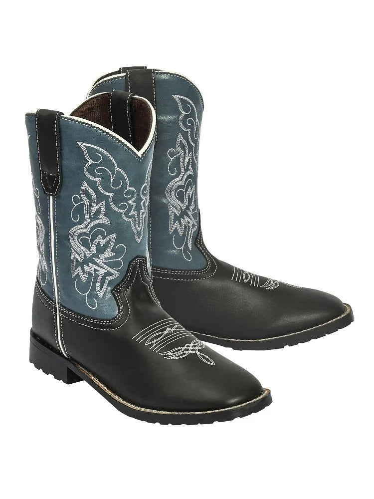 TuffRider Youth Yellowstone Rounded Toe Western Boot- Mocha with Blue- 4Y