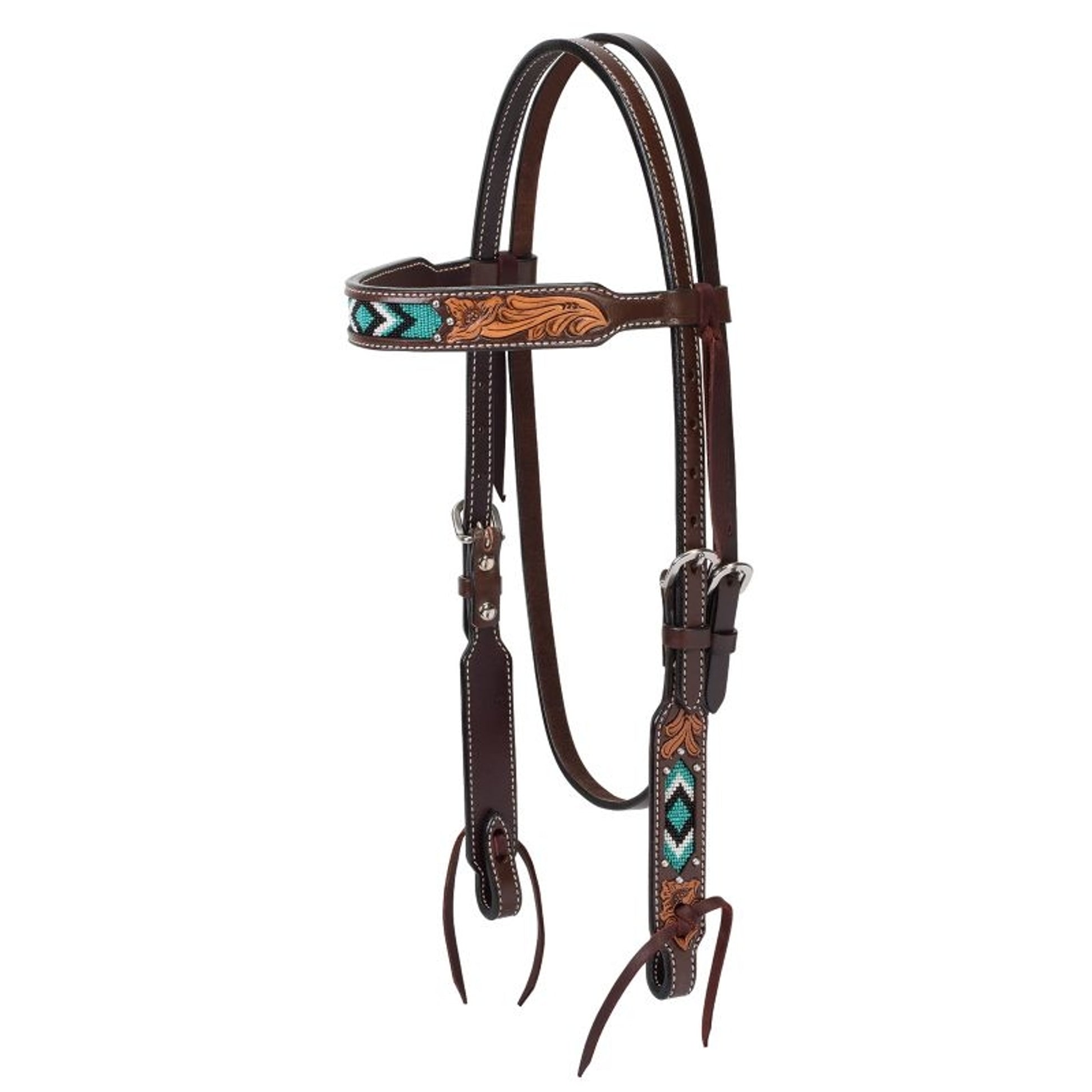 Weaver Turq Cross Turq Beaded Browband Headstall