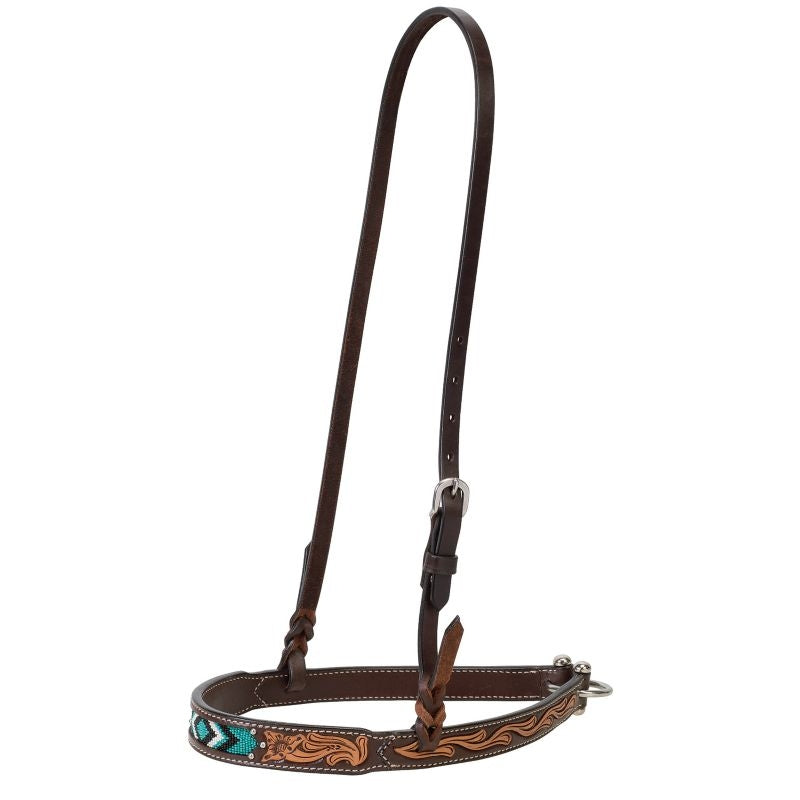 Weaver Turq Cross Turq Bead Floral Carved Noseband