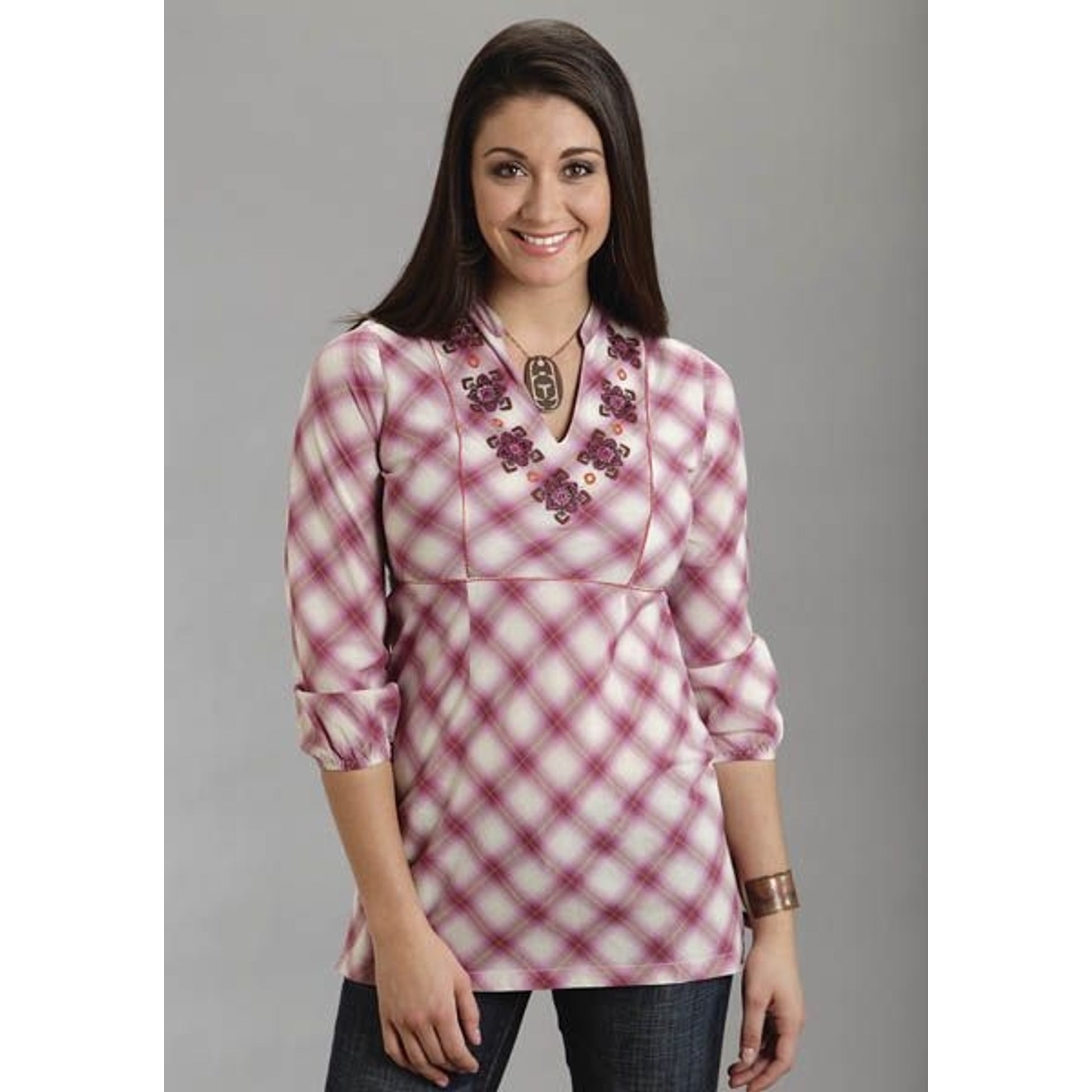 Stetson Ladies Plaid Tunic Top Lg Pnk Plaid