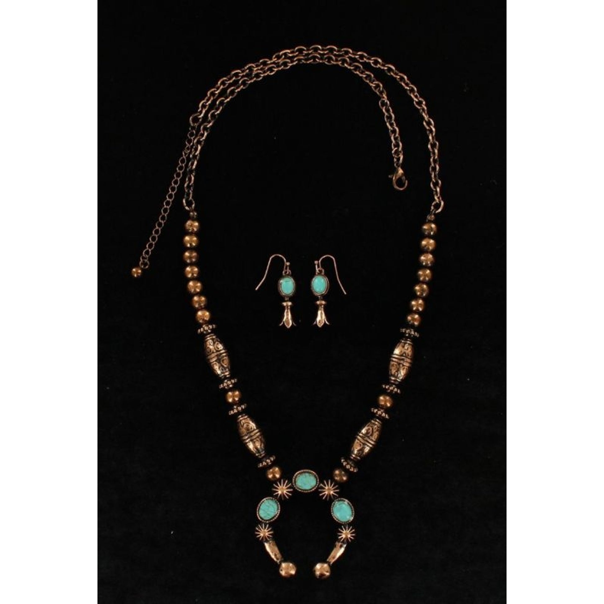 Burnished Embossed Stone Neck/Ear SetCop/Turq