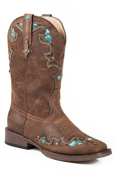 Roper Kids Hearts Bling W Sq Toe Boots 1 Brn