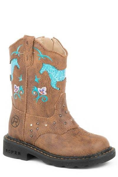 Roper Toddler Horse Flowers Lights Boots 5 Tan/Blu