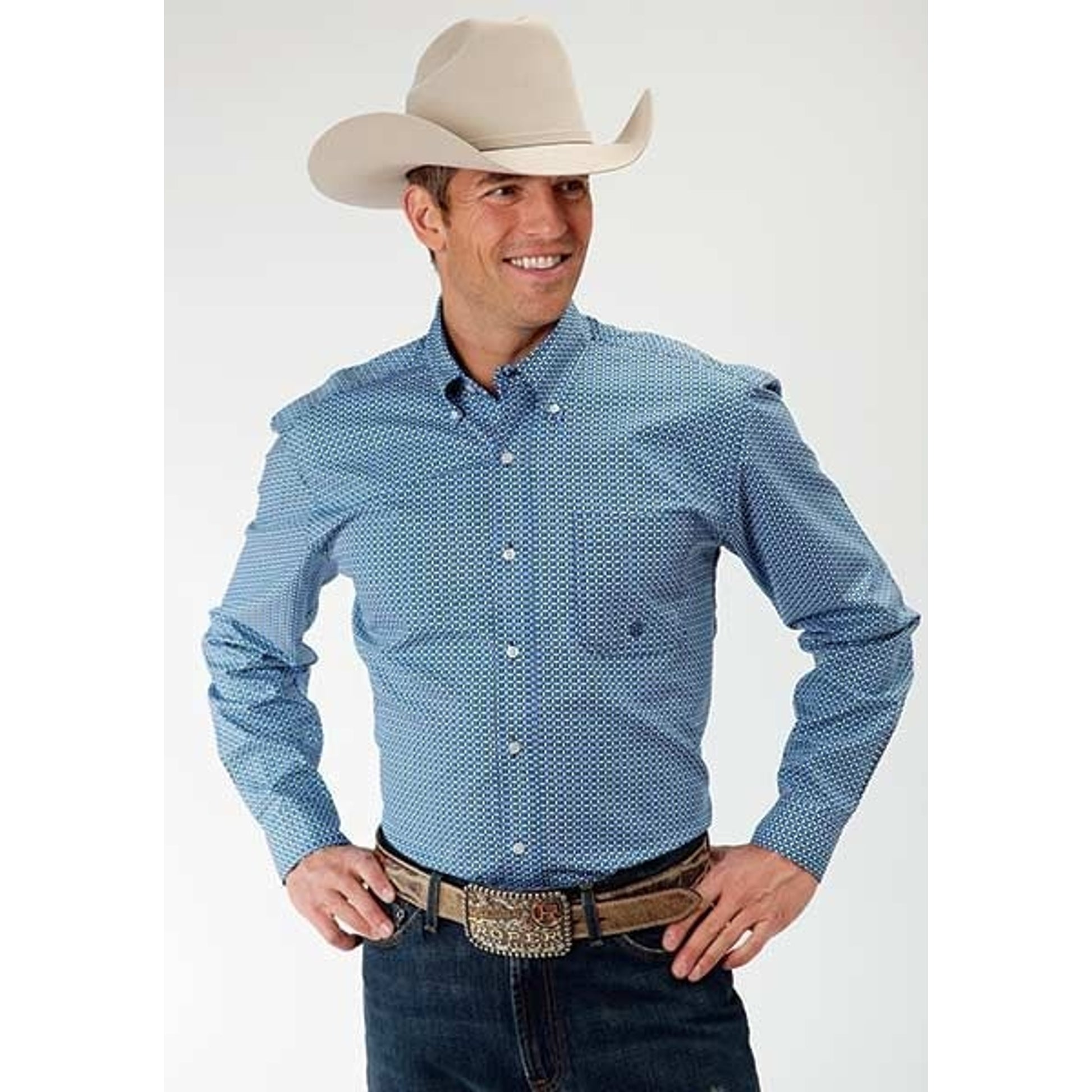 Roper Mens Amarillo Summer Picnic Shirt Lg Blu
