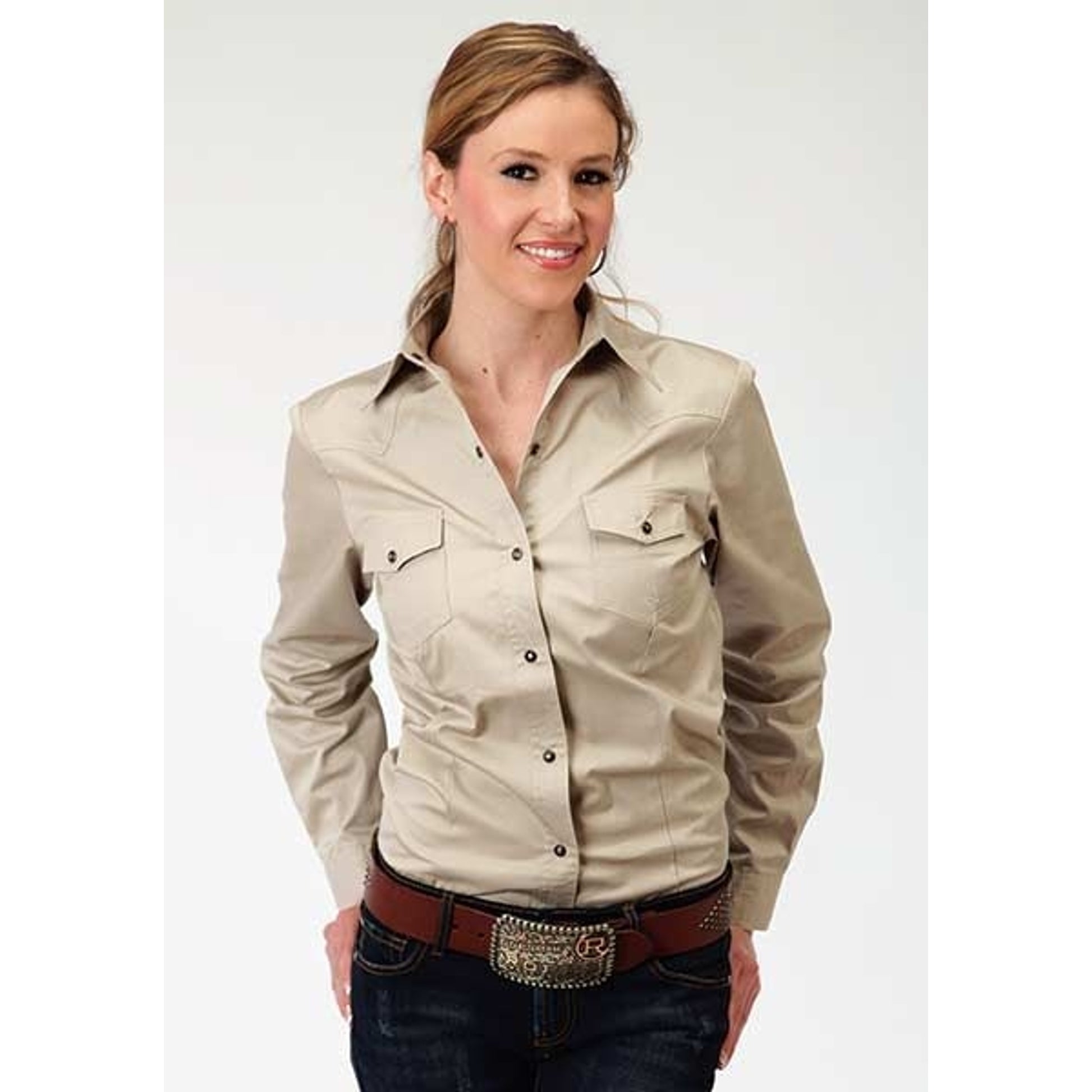 Roper Ladies Poplin Variegated Snap Shirt Md Tan