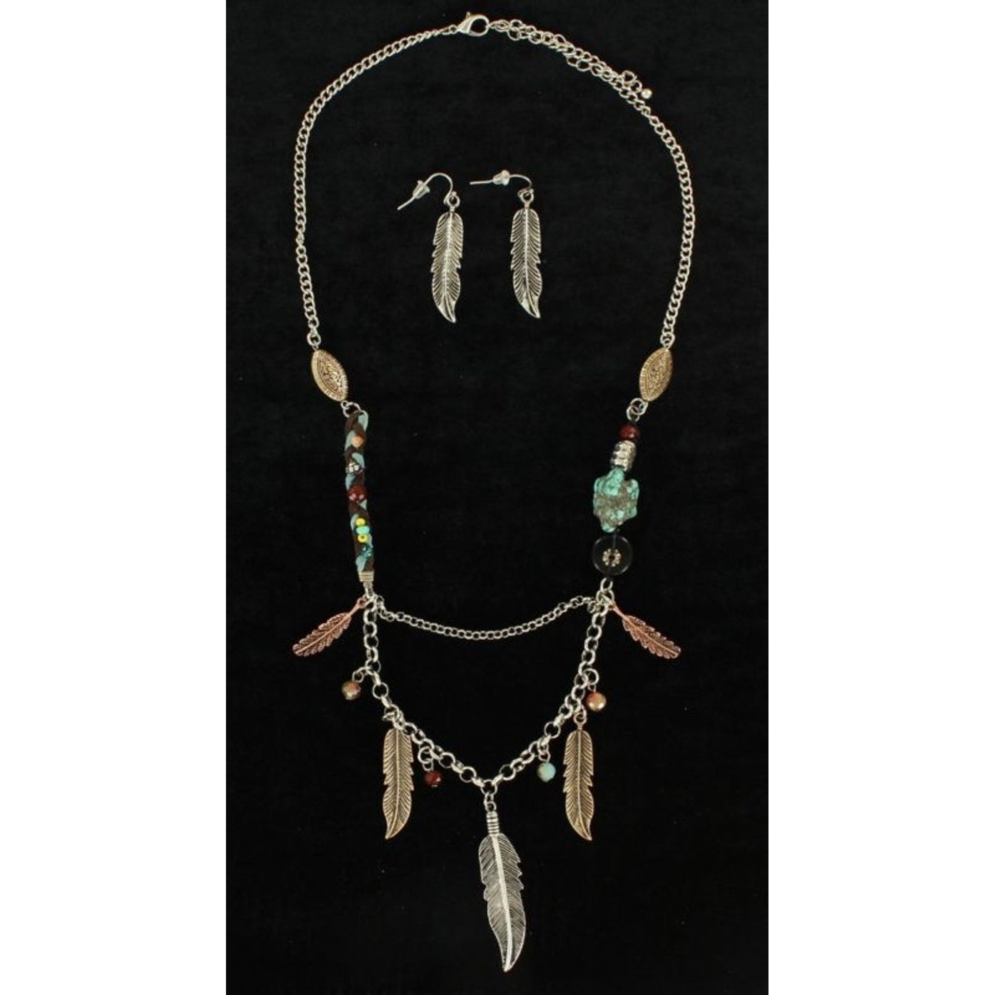 Multi Feather Beads Necklace/Earrings SetBk/Wh