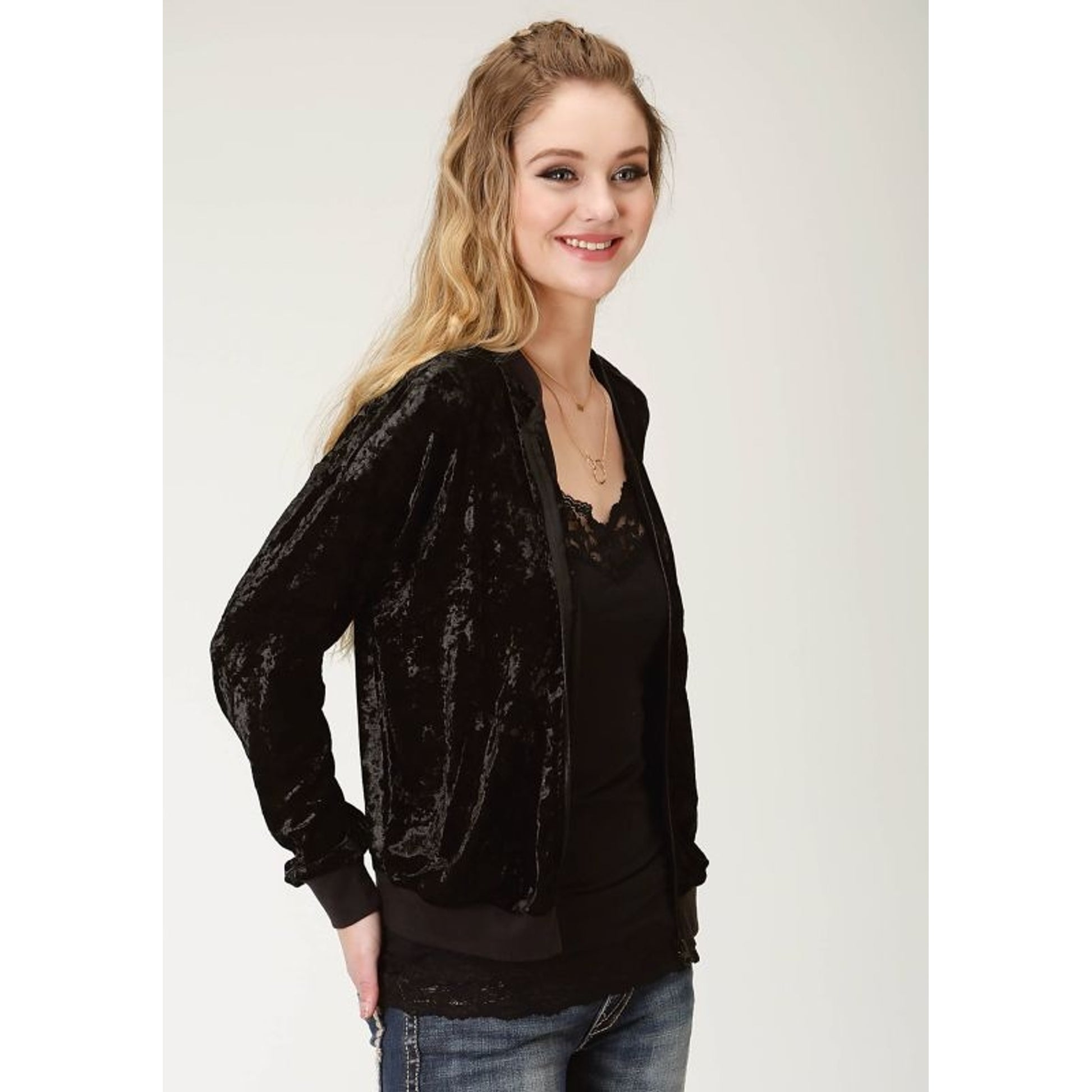 Roper Ladies Crushed Velvet Bomber Jacket LG Black